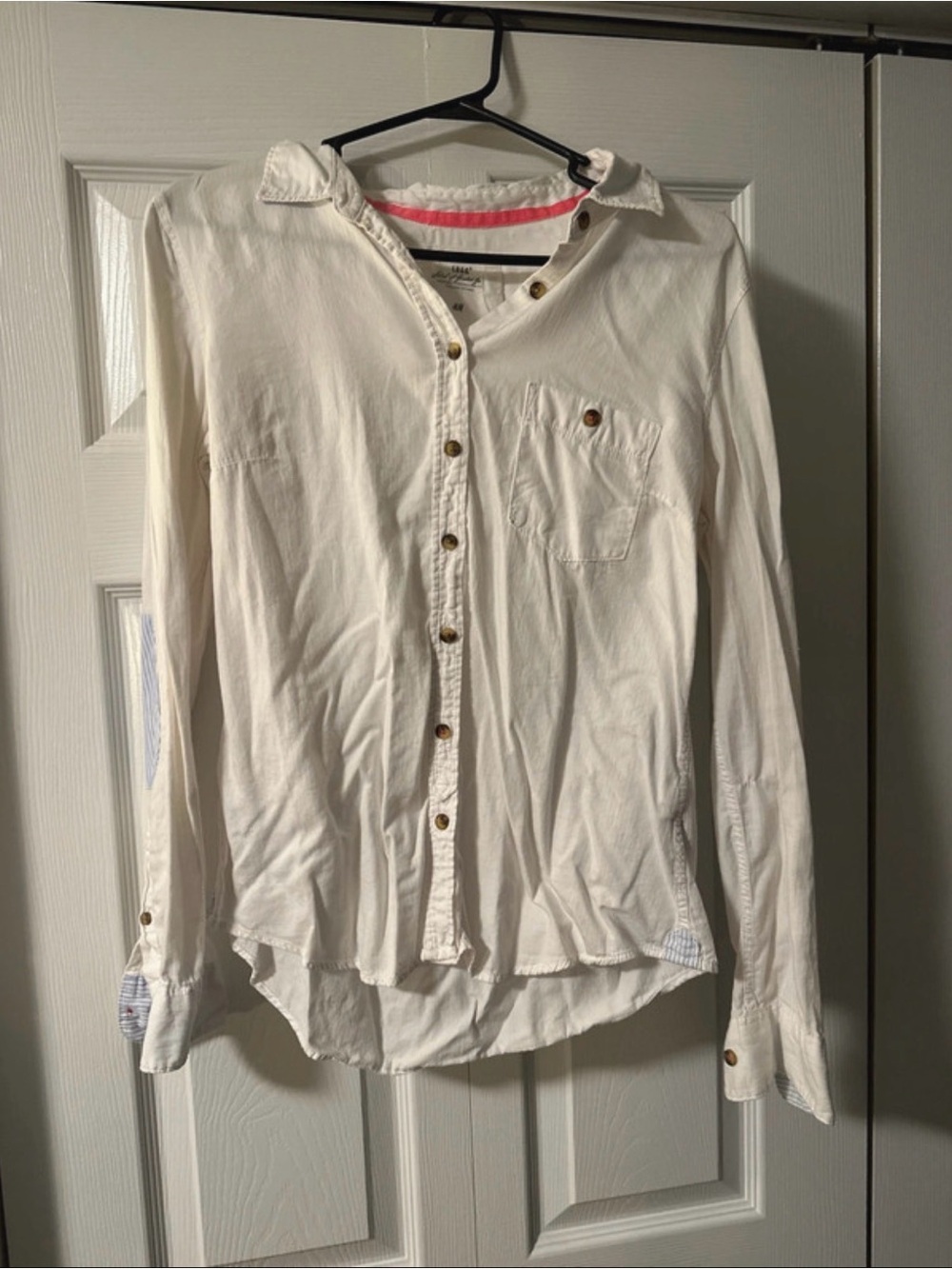 H&M White Button-Down Shirt with Pink Neck Trim